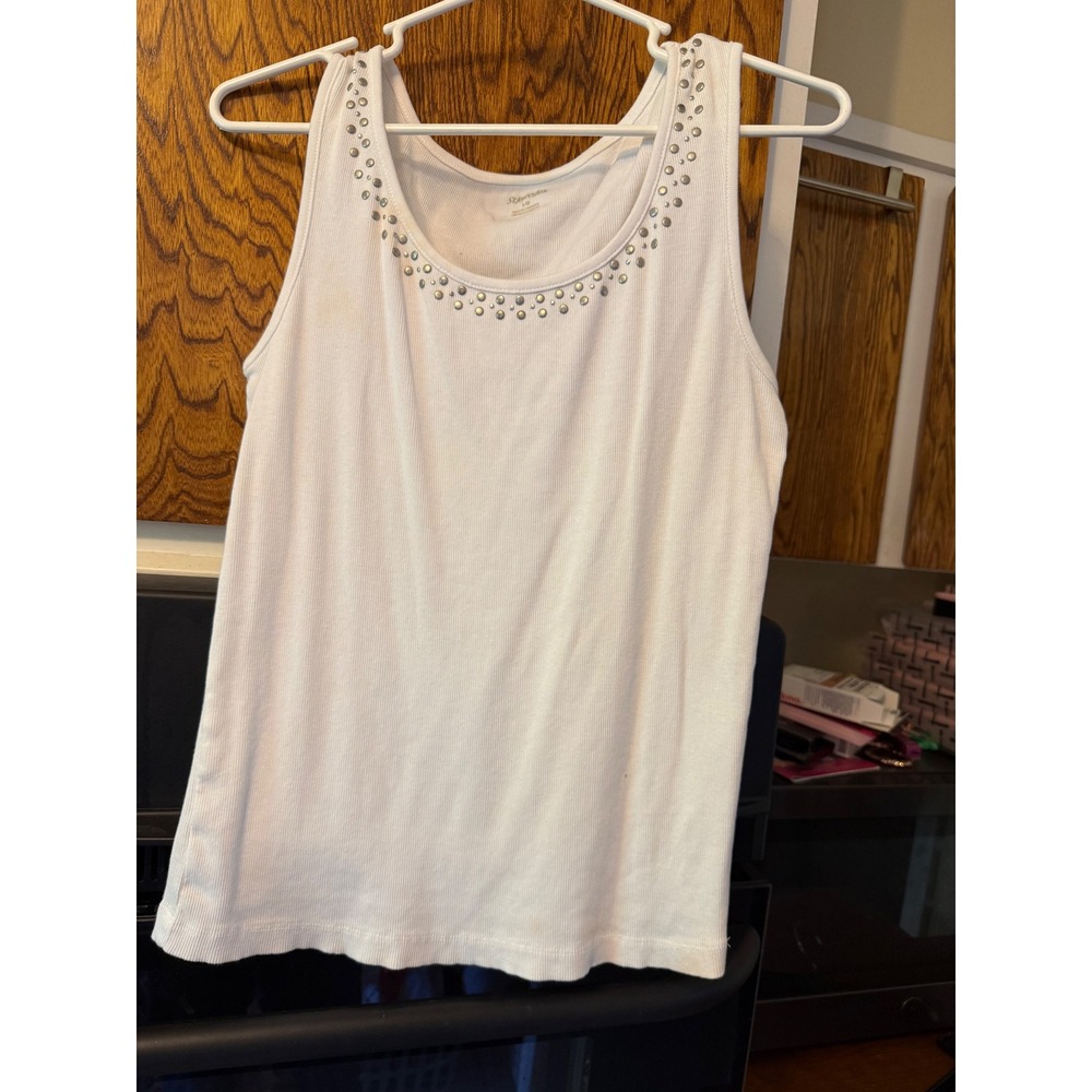 St Johns Bay White Ribbed Studded Scoop Neck Tank‎ Top Womens Large